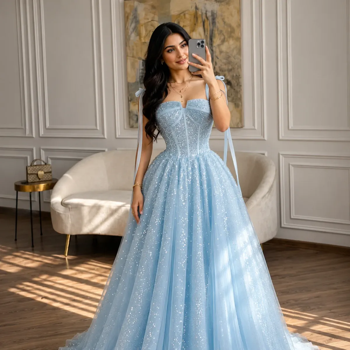 Women's Luxury Sky Blue Glitter Ball Gown | Princess Style Party Dress