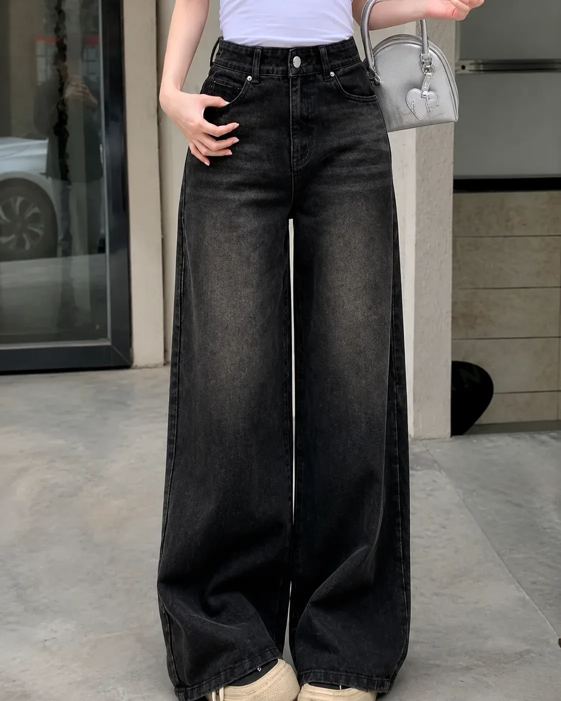 Women's High Waist Black Wide Leg Denim Jeans | Oversized Baggy Fit | Casual Streetwear