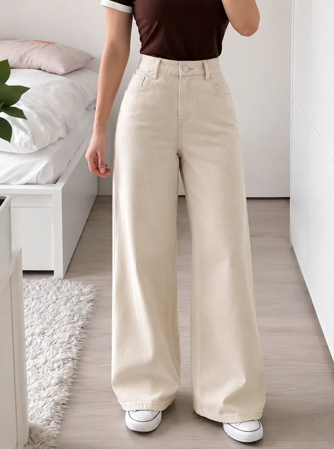 Women's High Waist Off White Wide Leg Jeans | Relaxed Fit Denim Pants | Casual Everyday Fashion