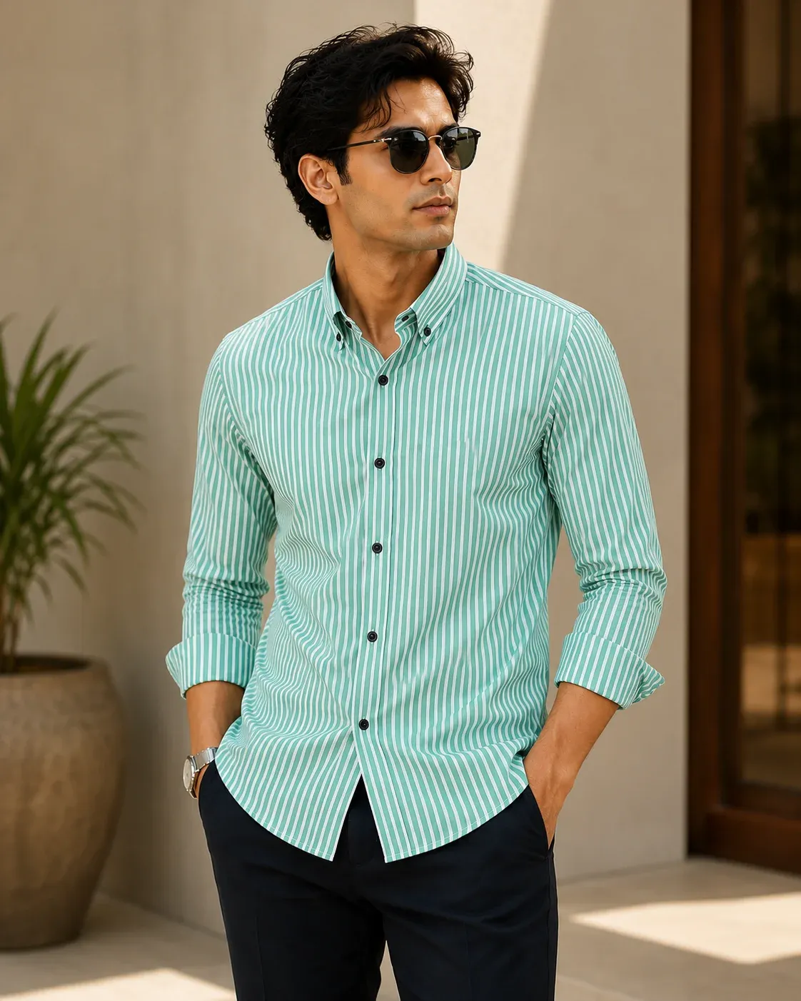 Mint Green Vertical Striped Cotton Shirt for Men
