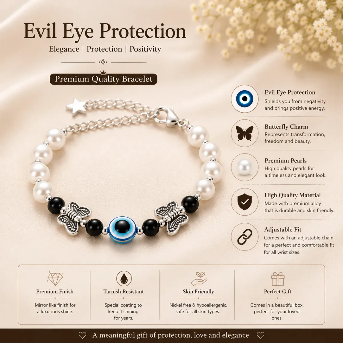 Evil Eye Pearl Bracelet for Women | Adjustable Butterfly Charm Bracelet