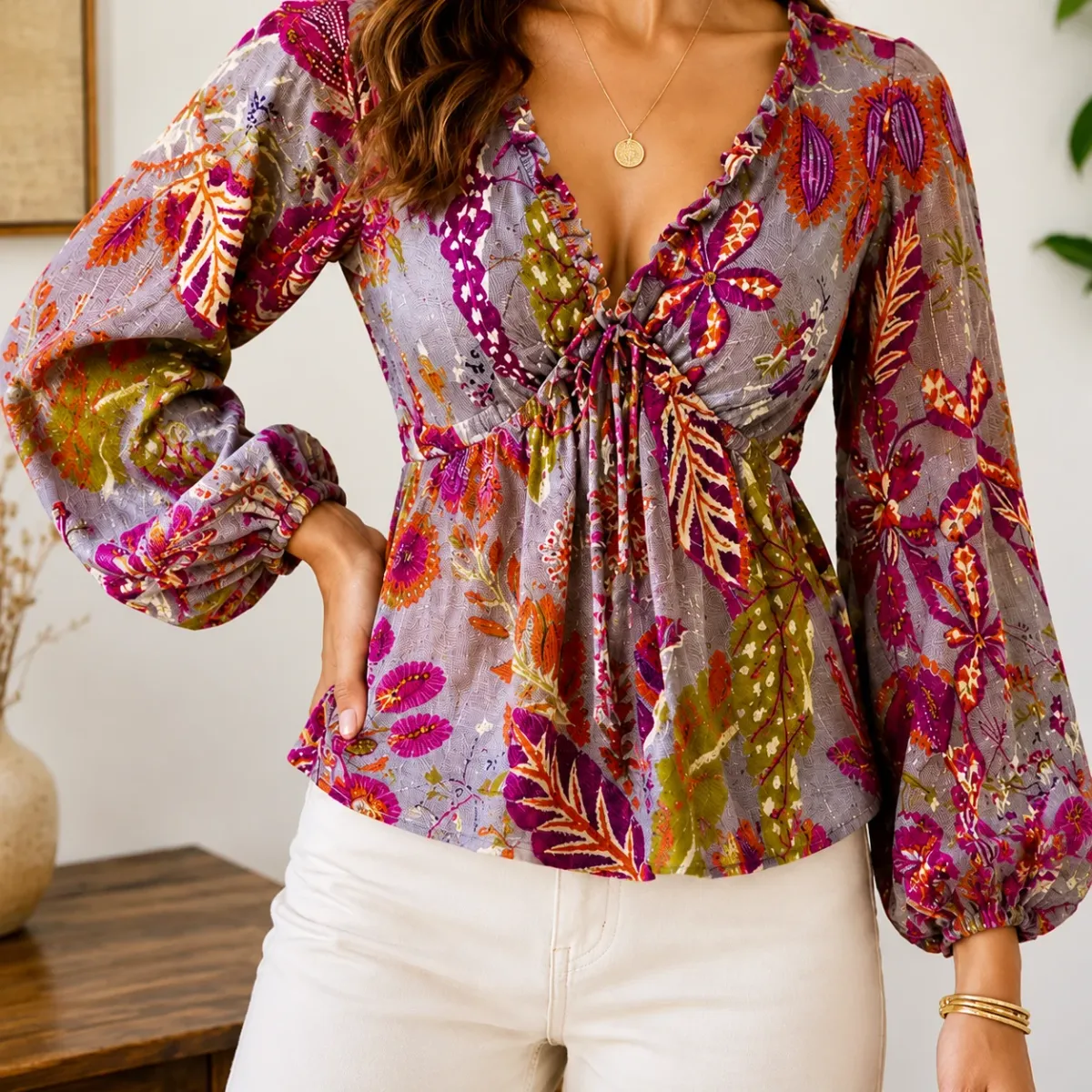 Women’s Floral Printed Tie-Up Peplum Top | Puff Sleeve Casual Wear
