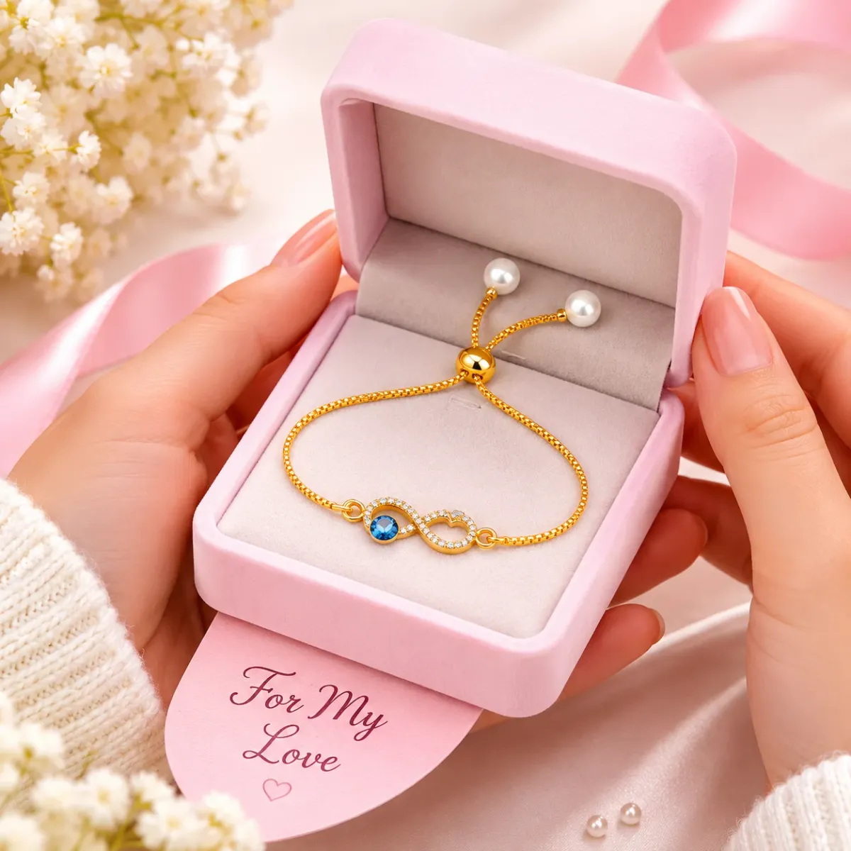 Infinity Crystal Bracelet for Women | Adjustable Gold-Plated Bracelet with Blue Crystal & Zircon Stones