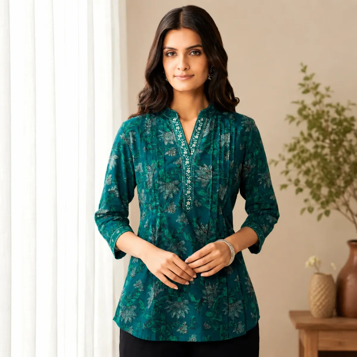 Women’s Floral Printed Cotton Kurti Top | 3/4 Sleeves | Casual & Office Wear
