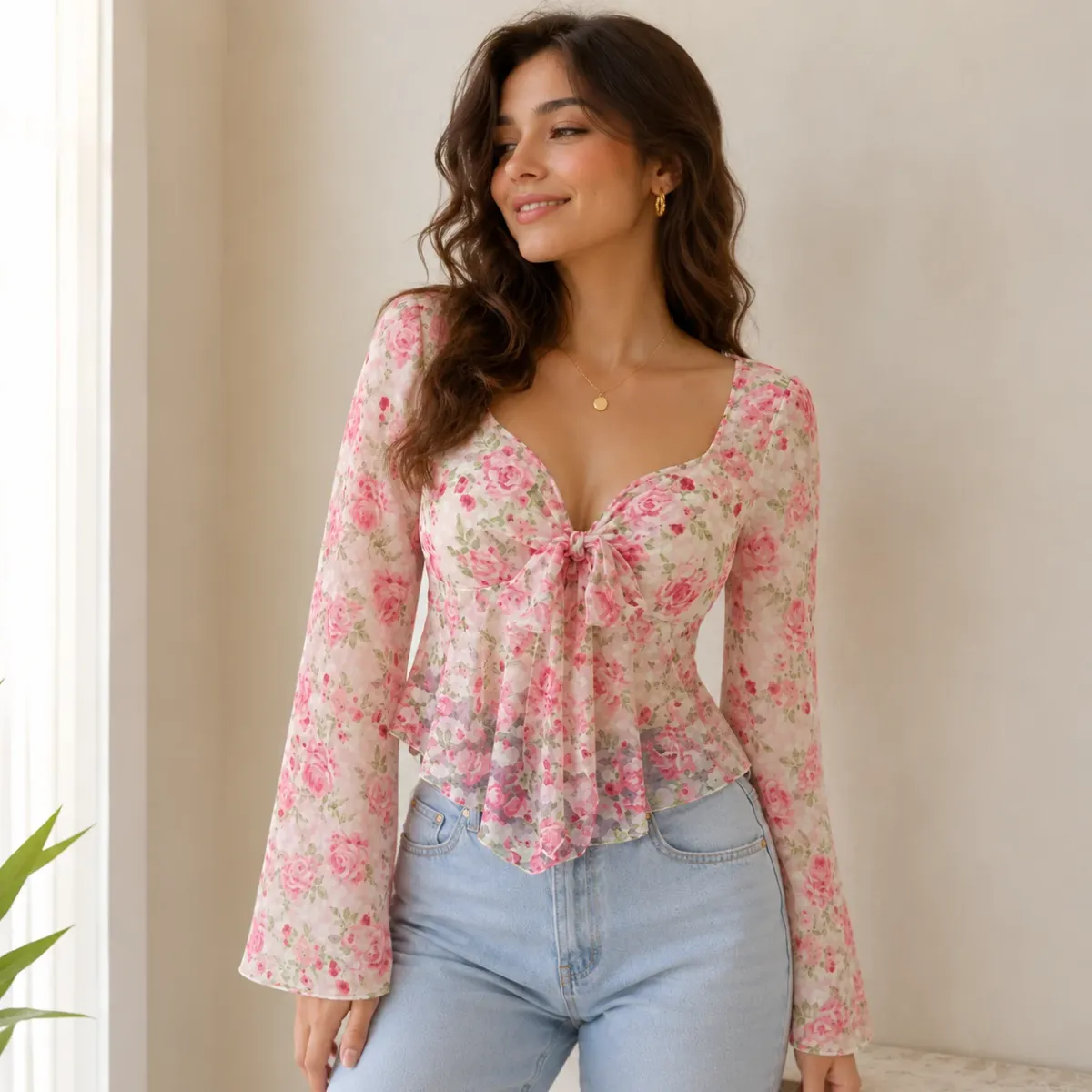 ZOLVARA Rosé Bloom Tie-Front Top