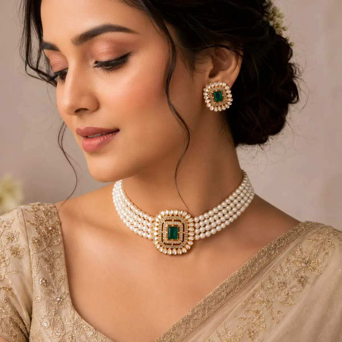 Luxury Pearl Choker Necklace Set with Emerald Green Stone