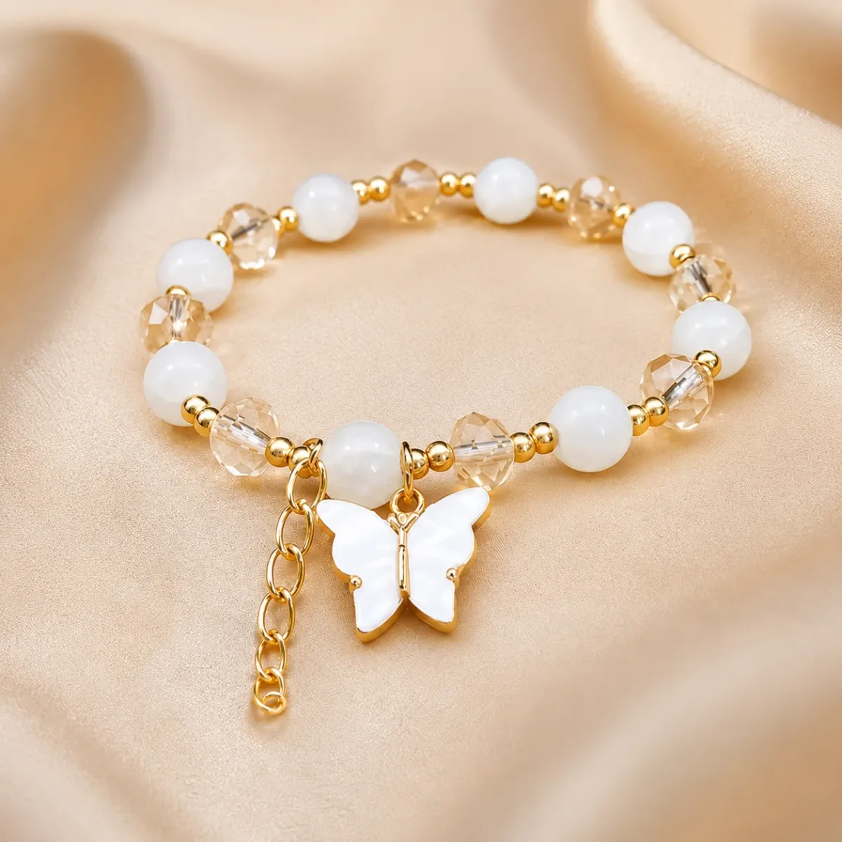 White Butterfly Charm Beaded Bracelet for Women | Adjustable Wrist Bracelet