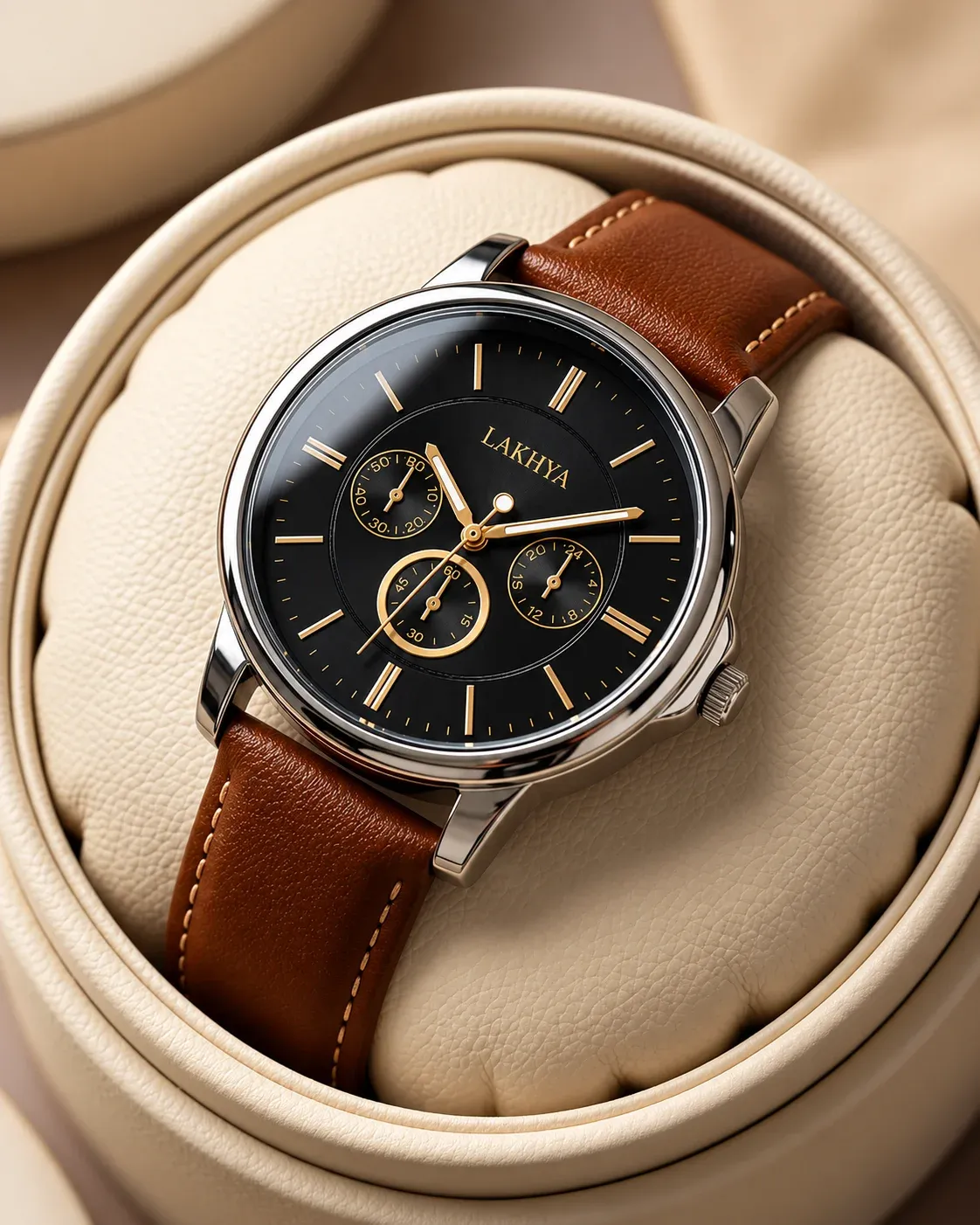 LAKHYA Men's Luxury Analog Watch – Black Dial with Brown Leather Strap